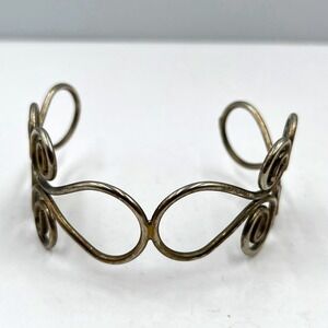 Vintage Silver Tone Filigree Swirl Cuff Bracelet Boho Artistic Wire Wrap Bangle